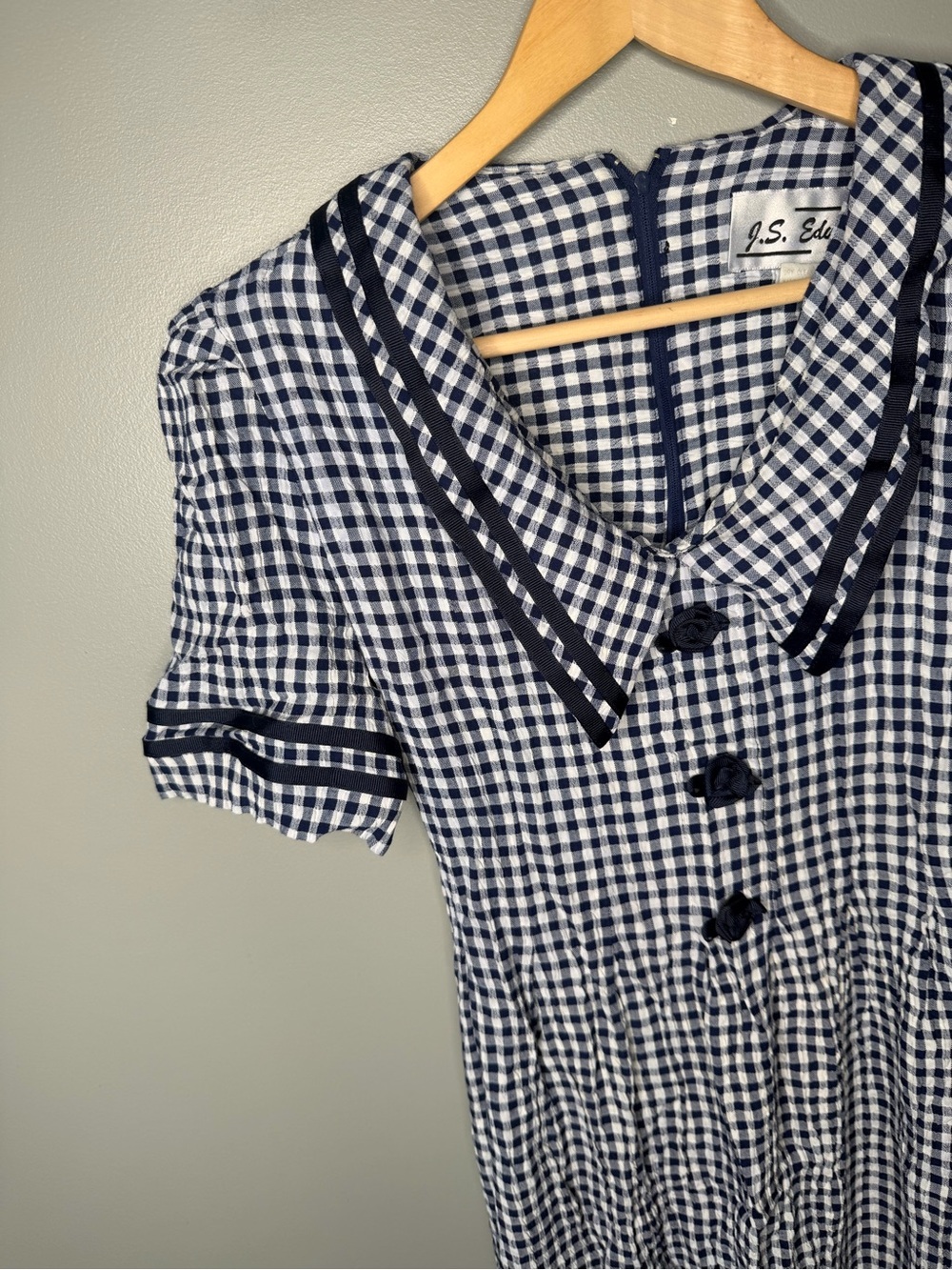J.S. Edward Vintage 90s Navy Gingham Prairie Rosette Collar Midi Dress - Picture 6 of 12